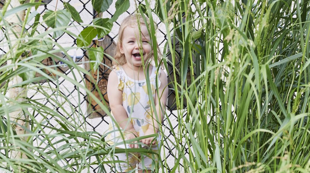 Little girl playing and smiling, seen through a chain link fence and long grass